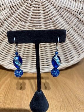 One of a kind design Blue Czech Glass Bead and Crystal Bead Drop Earrings